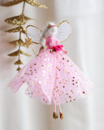 Load image into Gallery viewer, Decorative christmas fairy ornament with pink tulle skirt and gold accents on a white background
