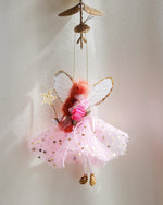 Load image into Gallery viewer, small christmas Decorative fairy hanging ornament with pink dress and gold accents on a light background

