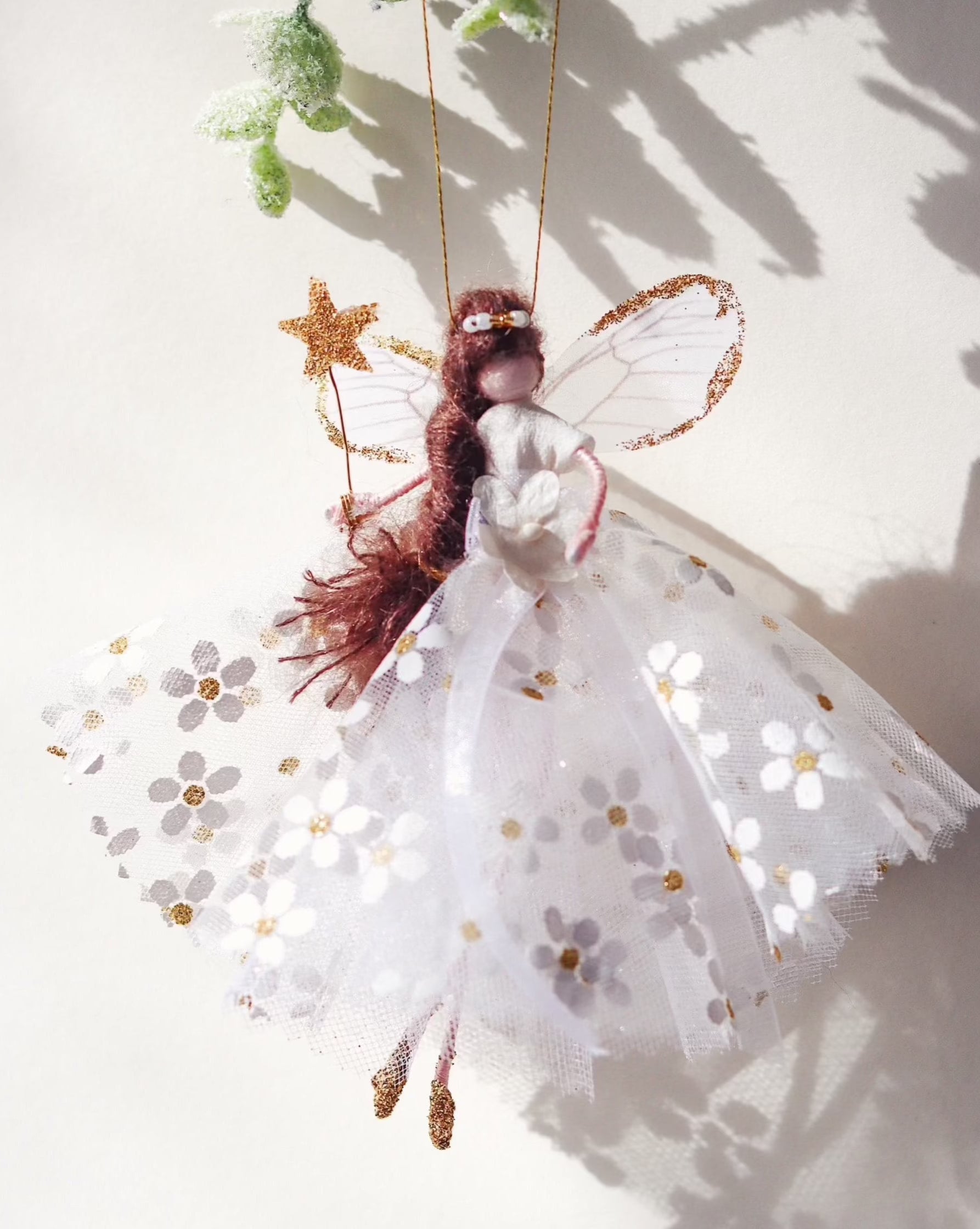 ‘Hope’ Fairy Decoration, Handmade fairy decoration that makes the perfect heirloom gift for Birthdays, Easter and Special Occasions. wearing a white and gold floral dress with a handmade gold glitter wand and delicate wings. brown haired fairy