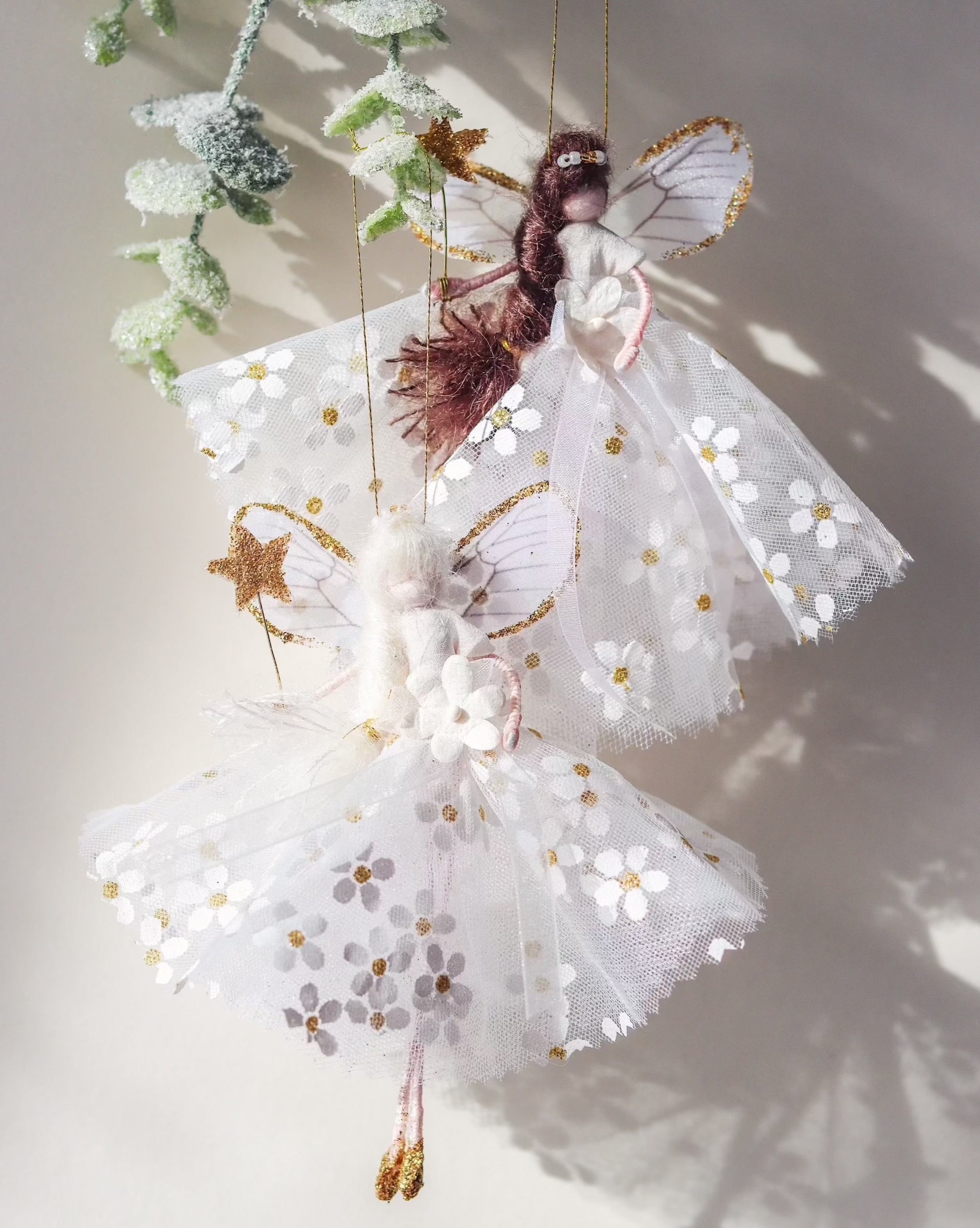 Two ‘Hope’ Fairy Decoration, Handmade fairy decoration that makes the perfect heirloom gift for Birthdays, Easter and Special Occasions. wearing a white and gold floral dress with a handmade gold glitter wand and delicate wings.