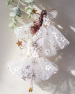 Load image into Gallery viewer, Two ‘Hope’ Fairy Decoration, Handmade fairy decoration that makes the perfect heirloom gift for Birthdays, Easter and Special Occasions. wearing a white and gold floral dress with a handmade gold glitter wand and delicate wings.
