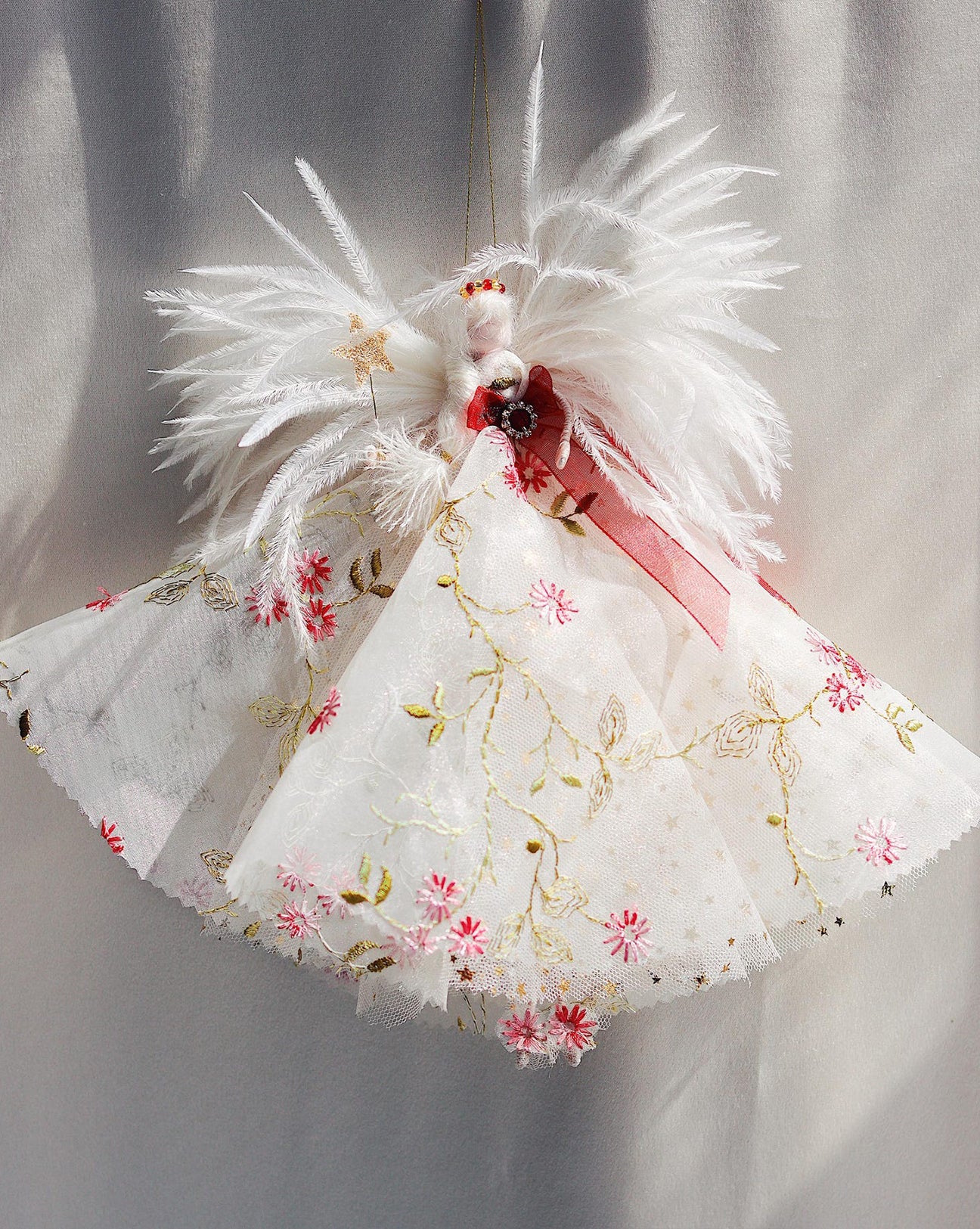 Florialice Fairy angle handmade floral embroidered dress red organza bow magic wand perfect heirloom gift