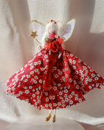 Load image into Gallery viewer, Valentines Fairy figurine with a red floral dress  with white blonde hair
