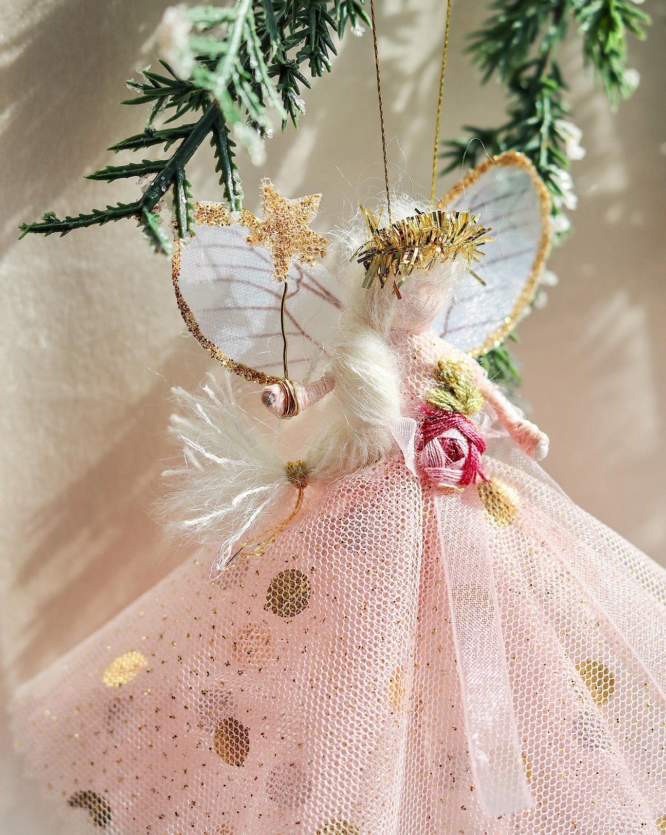 florialice pink sparkly tinsel fairy angel decoration for the Christmas tree perfect heirloom gift for girls