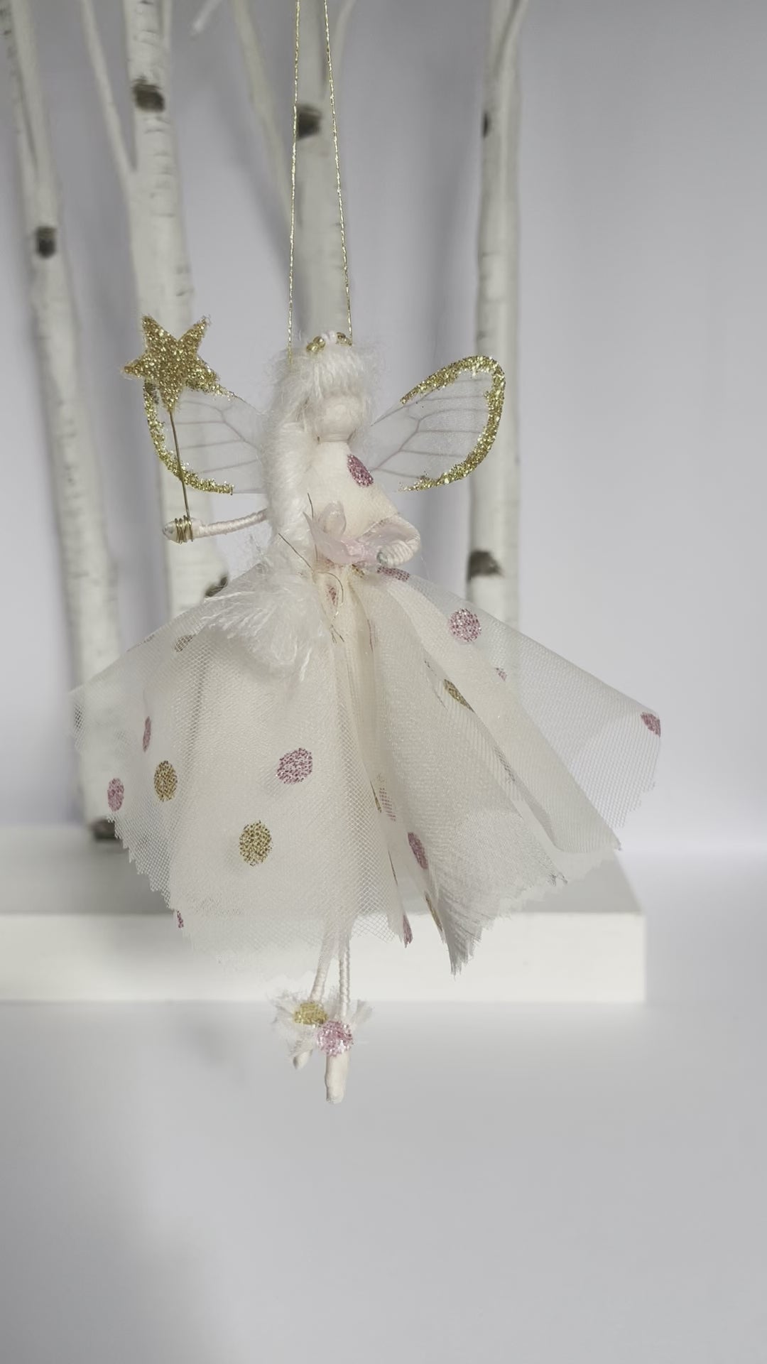 Ballerina Fairy Decoration pink tulle, gold glitter spots, magical wings. New baby girl gift, Dancer present.