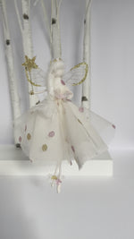 Load and play video in Gallery viewer, Ballerina Fairy Decoration pink tulle, gold glitter spots, magical wings. New baby girl gift, Dancer present.
