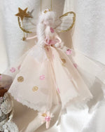 Load image into Gallery viewer, Ballerina Fairy Decoration pink tulle, gold glitter spots, magical wings. New baby girl gift, Dancer present.
