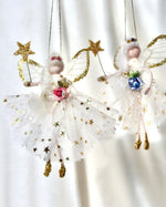 Load image into Gallery viewer, flying fairy decorations wearing gold star tulle fabric little rose embellishments
